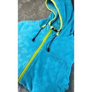 Killtec‎ Technical Teal Hoodie Full Zip Jacket Floral Pattern Neon Yellow Trim
